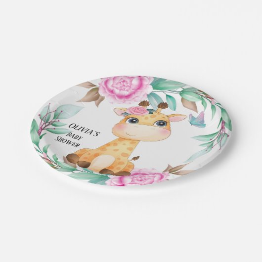 Elegante Rosa Peony und eine Niedliche Giraffe nac Pappteller (Schrägansicht)