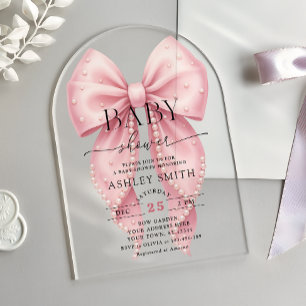 Elegante rosa Perlen-Schleife Baby Shower Acryleinladungen