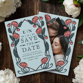 Elegante rosa Pfingstrose Art Nouveau Hochzeitsfot Save The Date