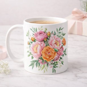 Elegante rosa Pfingstrose Rosen Blumenstrauß Kaffe Kaffeetasse