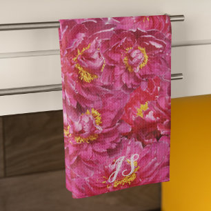 Elegante rosa Pfingstrose stilvolle Kalligrafie Mo Geschirrtuch