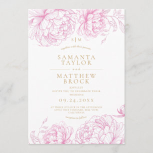 Elegante rosa Pfingstrosen Hochzeit Einladung