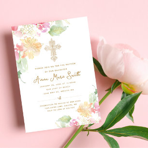 Elegante rosa Pfirsich-Blumen verzierte Kreuz-Tauf Einladung