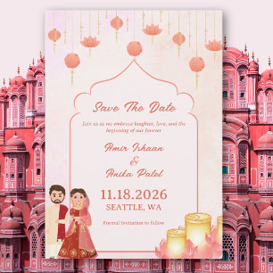 Elegante rosa Pfirsich Lotus Laternen Hochzeit Save The Date