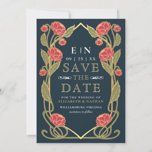 Elegante rosa pioen Art Nouveau-huwelijksfoto Save The Date (Vorderseite)