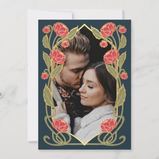 Elegante rosa pioen Art Nouveau-huwelijksfoto Save The Date (Rückseite)