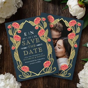 Elegante rosa pioen Art Nouveau-huwelijksfoto Save The Date