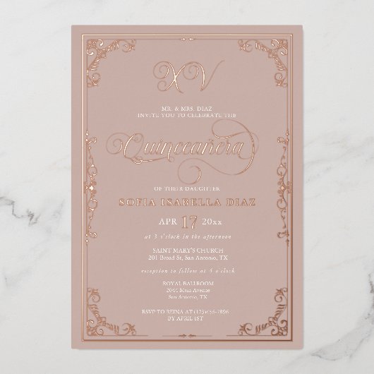 Elegante Rosa Quinceñera Rose Gold Folieneinladung (Vorderseite)