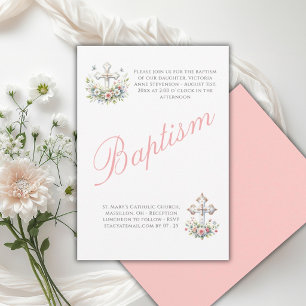 Elegante rosa religiöse Taufe eines Babymädchens Einladung