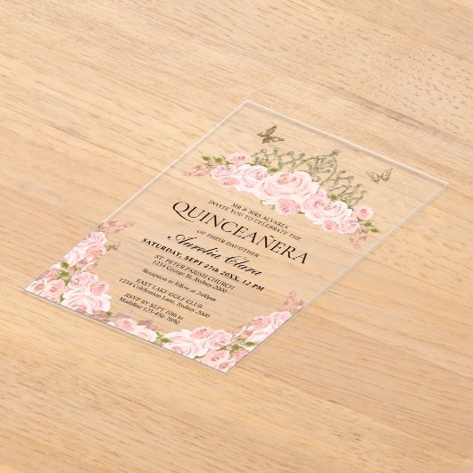 Elegante Rosa Rosa Floral Gold Tiara Quinceanera Acryleinladungen (Ablage )