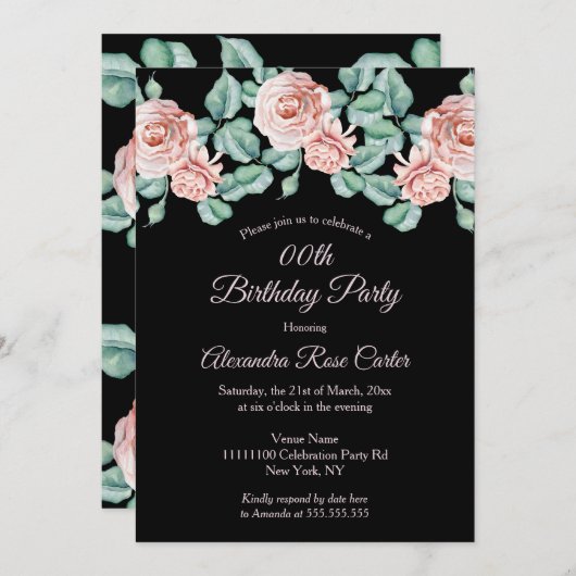 Elegante Rosa Rosa schwarzblütige Geburtstagsparty Einladung (Vorne/Hinten)