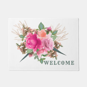 Elegante Rosa Rose Blumenstrauß Willkommen Fußmatte