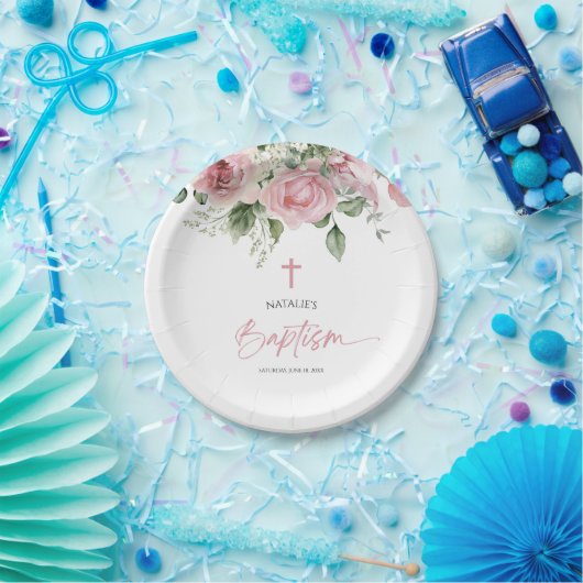 Elegante rosa Rose Blumentaufen Pappteller (Party)