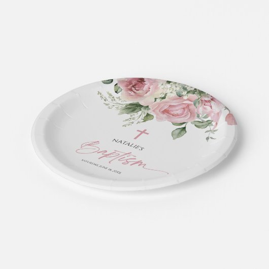 Elegante rosa Rose Blumentaufen Pappteller (Schrägansicht)