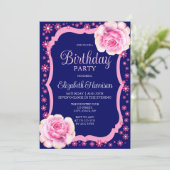 Elegante Rosa Rose Blütenblütenblauer Geburtstagsp Einladung (Stehend Vorderseite)