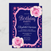 Elegante Rosa Rose Blütenblütenblauer Geburtstagsp Einladung (Vorne/Hinten)