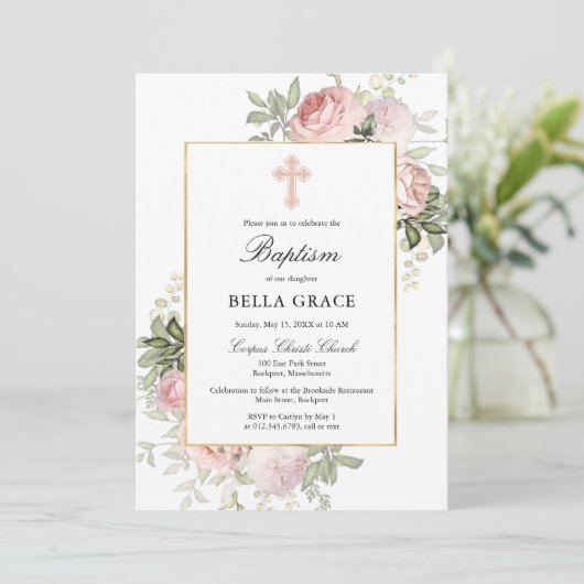 Elegante rosa Rose Blütentaufe Einladung (Stehend Vorderseite)