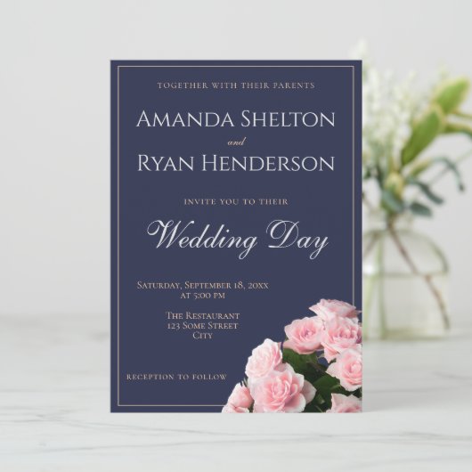 Elegante Rosa Rose Bouquet Blumenhochzeit Einladung (Stehend Vorderseite)