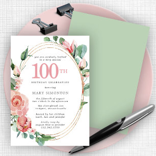 Elegante Rosa Rose Floral 100. Geburtstagsparty Einladung