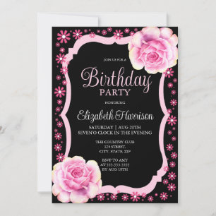 Elegante Rosa Rose Floral Black Birthday Party Einladung
