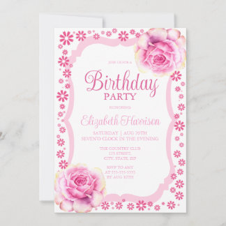 Elegante Rosa Rose Floral Weiße Geburtstagsparty Einladung