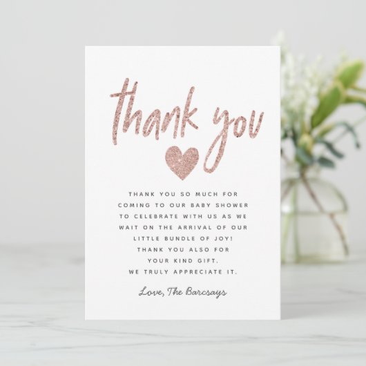 Elegante Rosa Rose Gold Glitzer Kinderdusche Dankeskarte (Stehend Vorderseite)