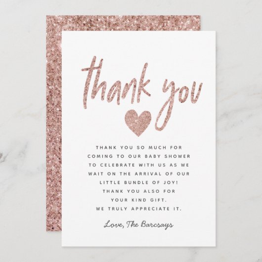 Elegante Rosa Rose Gold Glitzer Kinderdusche Dankeskarte (Vorne/Hinten)