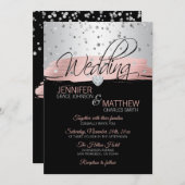 Elegante Rosa Rose Gold Silberschwarz Hochzeit Einladung (Vorne/Hinten)