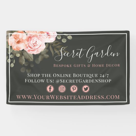 Elegante Rosa Rose mit Blumen Moderne Boutique Banner (Horizontal)
