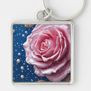 Elegante Rosa Rose mit Perlen und Kristallen Schlüsselanhänger