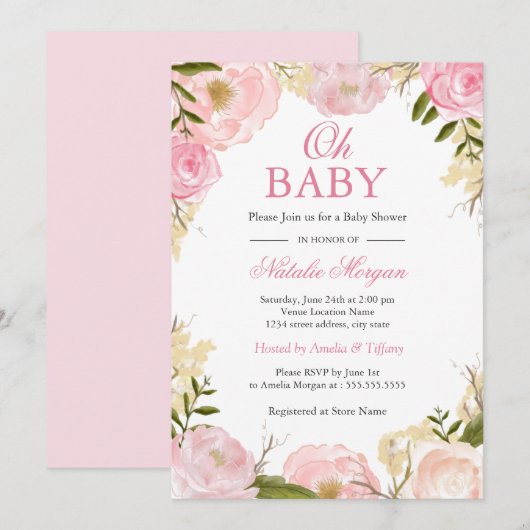 Elegante Rosa Rose Oh Baby Duschkarte Einladung (Vorne/Hinten)