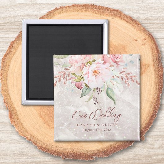 Elegante Rosa Rose Peony Blumenmarmor Hochzeit Magnet