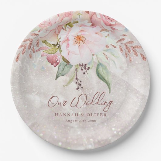 Elegante Rosa Rose Peony Blumenmarmor Hochzeit Pappteller (Vorderseite)