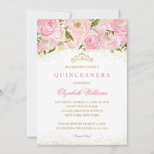 Elegante Rosa Rose Quinceanera Einladung (Vorderseite)