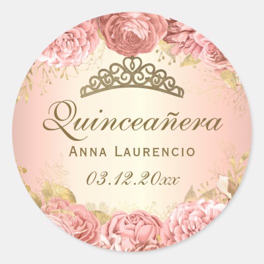 Elegante Rosa Rose Quinceanera Runder Aufkleber (Vorderseite)
