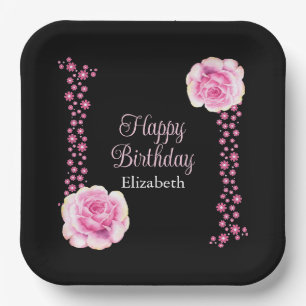 Elegante Rosa Rose Schwarze Adresse Pappteller