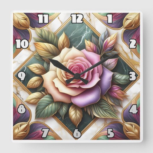 Elegante Rosa Rose umgeben von farbenfrohen Blätte Quadratische Wanduhr (Vorderseite)