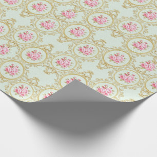 Elegante rosa Rose und goldener Barockrahmen Geschenkpapier