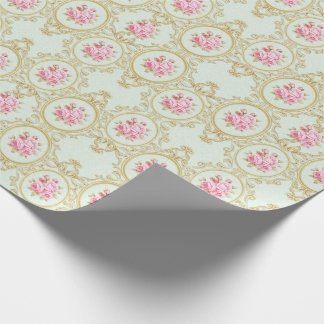Elegante rosa Rose und goldener Barockrahmen Geschenkpapier
