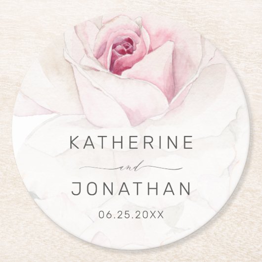 Elegante rosa Rose Wasserfarbe Blumenschrift Hochz Runder Pappuntersetzer (Vorderseite)
