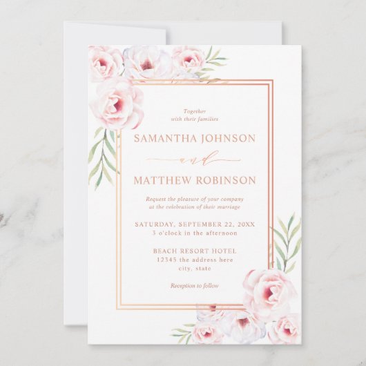 Elegante Rosa Rose Wasserfarben Hochzeit Gold Einladung (Vorderseite)