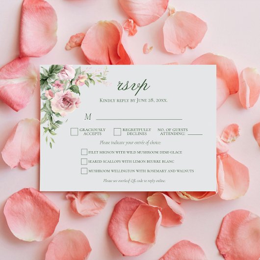 Elegante Rosa Rose Wedding RSVP Card | Menüwahl