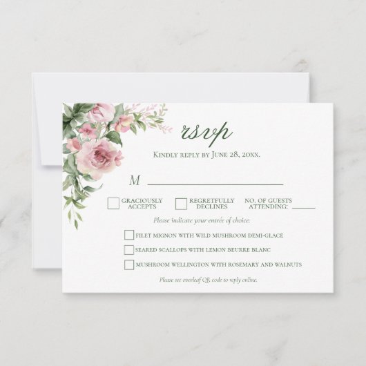 Elegante Rosa Rose Wedding RSVP Card | Menüwahl (Vorderseite)