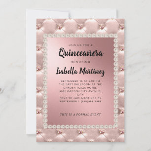 Elegante rosa roségoldene Quinceañera-Foto-Perlen Einladung