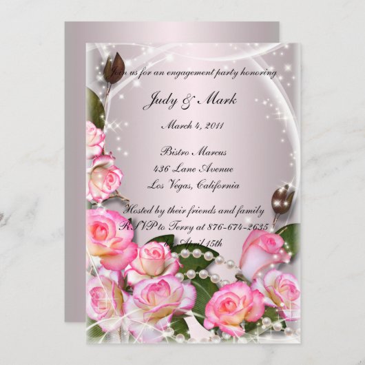 Elegante rosa Rosen and Pearls Engagement Party Einladung (Vorne/Hinten)