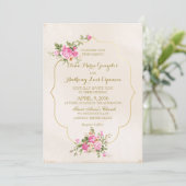 Elegante Rosa Rosen auf Elfenbein mit Goldrahmen Einladung (Stehend Vorderseite)