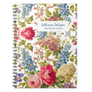 Elegante rosa Rosen blaue Hortensien Vintage-Blume Notizblock