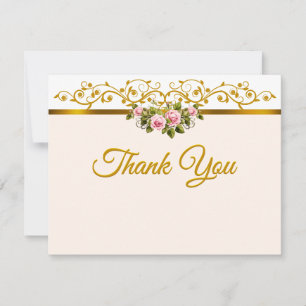 Elegante rosa Rosen-Blumen und Gold "Danke" Mitteilungskarte