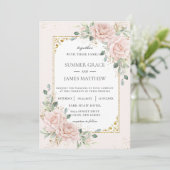 Elegante Rosa Rosen Blumengrün Hochzeit Einladung (Stehend Vorderseite)