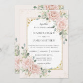 Elegante Rosa Rosen Blumengrün Hochzeit Einladung (Vorne/Hinten)